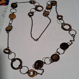 brown and silver tone long necklace